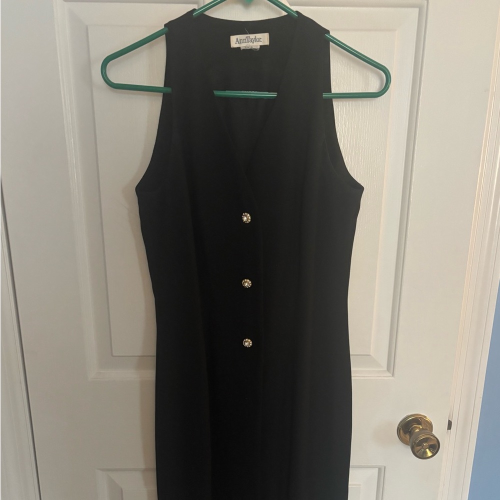 Ann Taylor Black Sleeveless Midi Dress with Decorative Buttons